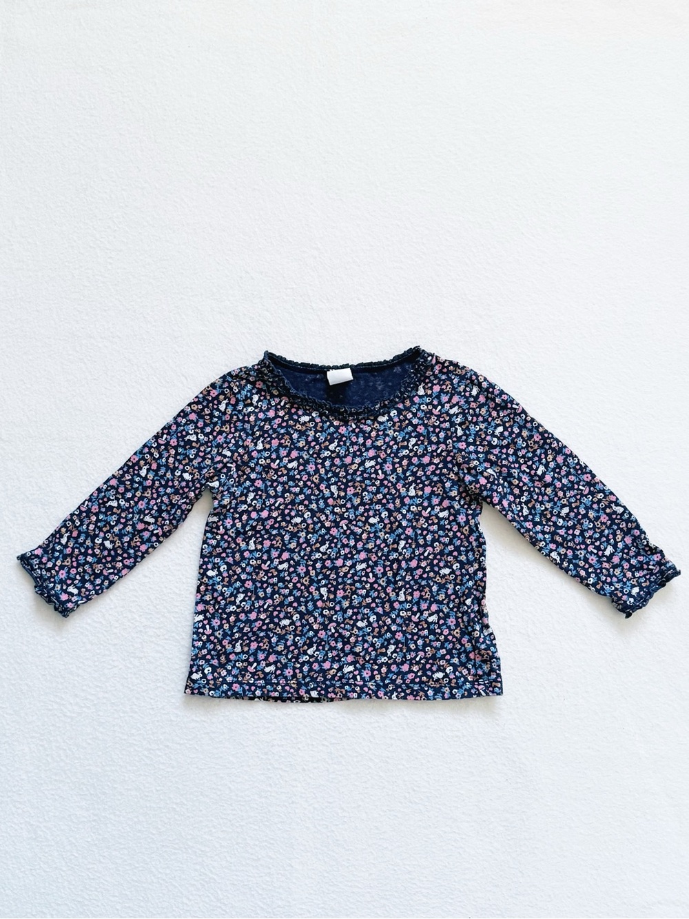 4/$22 H&M Navy Floral Bunny Long Sleeve Lettuce Trim Cotton Shirt Top Sz 12-18M